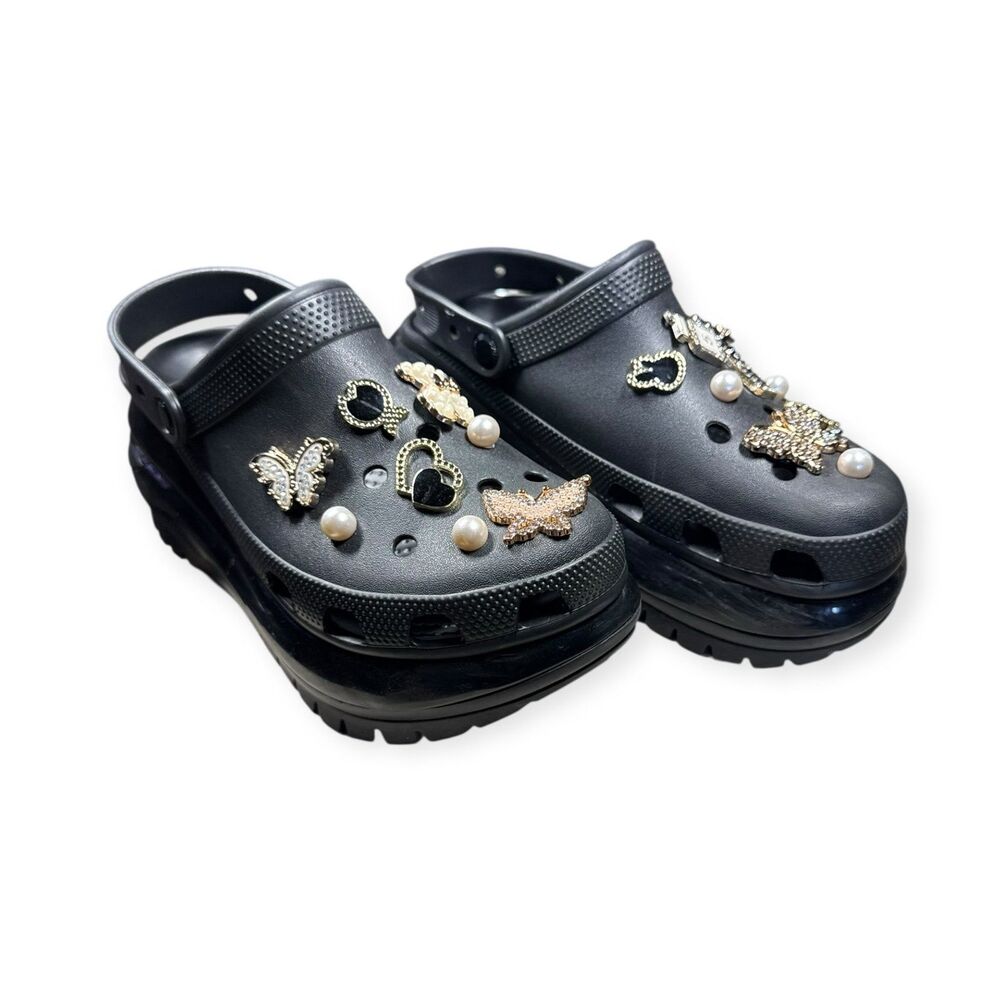 Crocs Classic Mega Crush Clog Black w/ Gold Pink Charms Women's Size 8